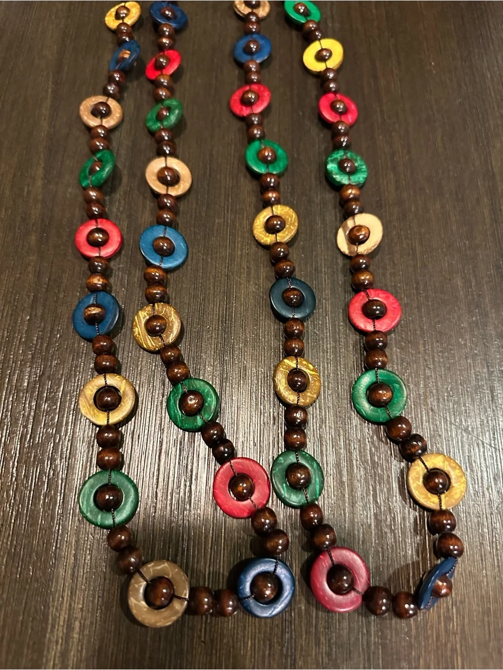 Vintage Bohemian Long Multi-Color Wood & Coconut Shell Disc Strand Neckla
